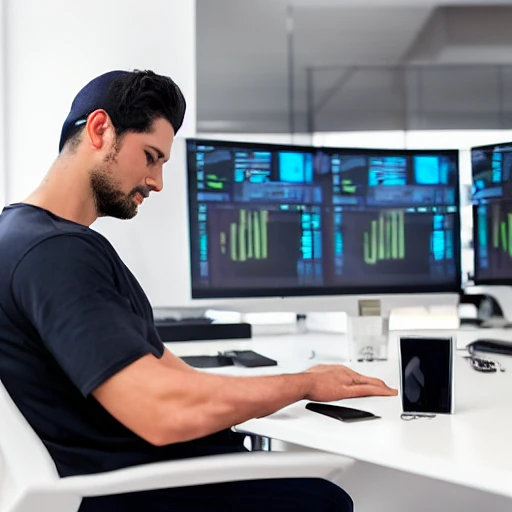 a day trader wearing a cap, 4K, officee, very realistic, room with several computers, very sharp quality, his body is well built, dark hair, warm light, EURUSD charts, XAUUSD chart on the wall very well defined, waiting your entrance, ultra quality photography